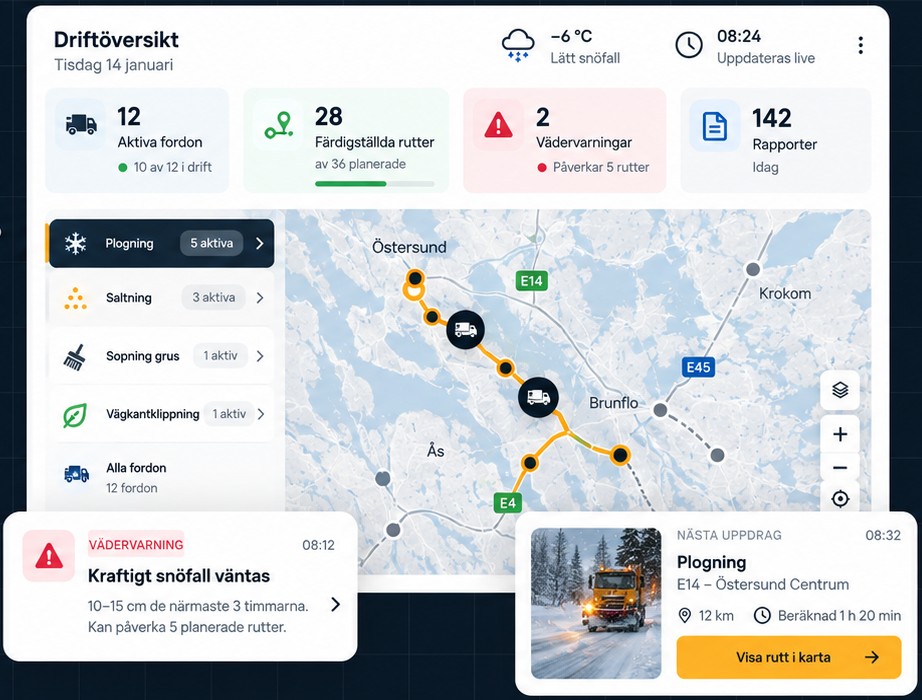 Driftöversikt i Heimdall med karta, aktiva fordon och nästa uppdrag